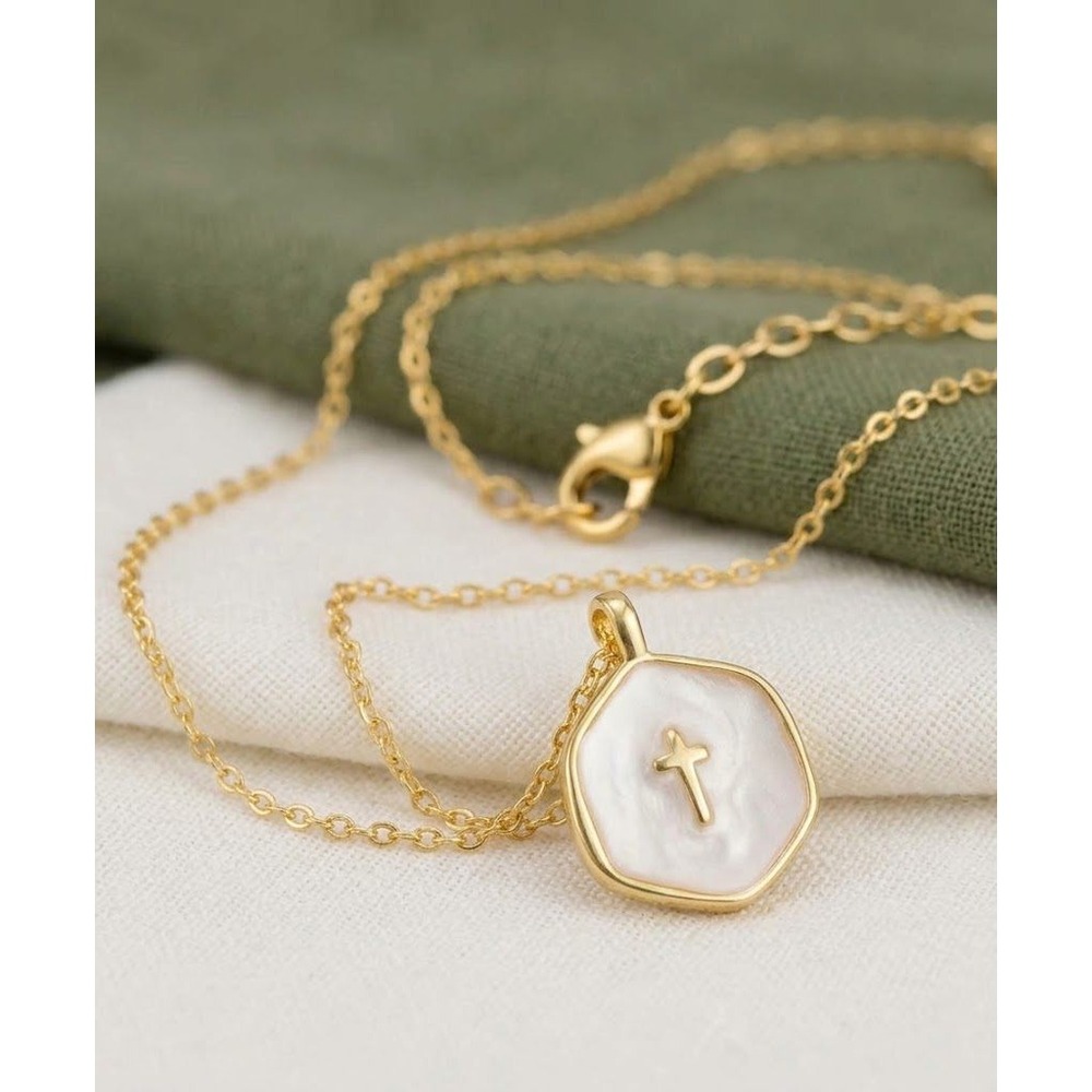 Cross Pendant Necklace Womens Gold White Religious Faith Jewelry